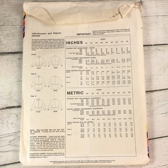 Vintage Stretch & Sew 1092 Blouson & Peplum Jacket Sewing‎ Pattern Bust Sz 30-46 - Picture 6 of 11